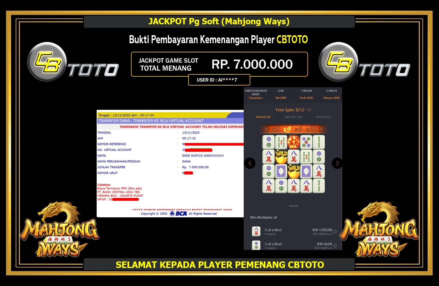 CBTOTO JACKPOT Pg Soft (Mahjong Ways ) Rp.7.000.000,- LUNAS