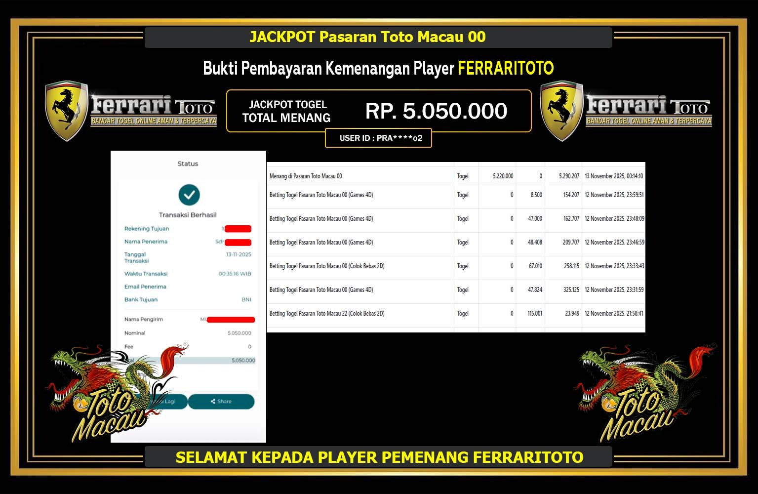 FERRARITOTO JACKPOT Pasaran Toto Macau 00 Rp.5.050.000,- LUNAS
