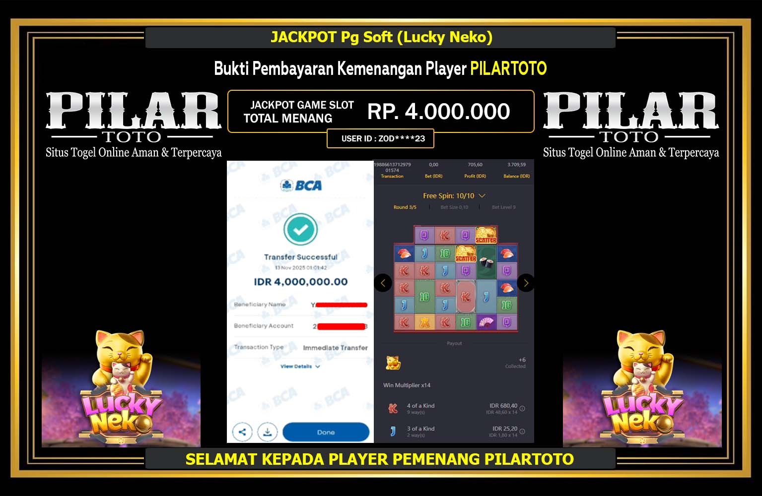 PILARTOTO JACKPOT Pg Soft (Lucky Neko) Rp.4.000.000,- LUNAS