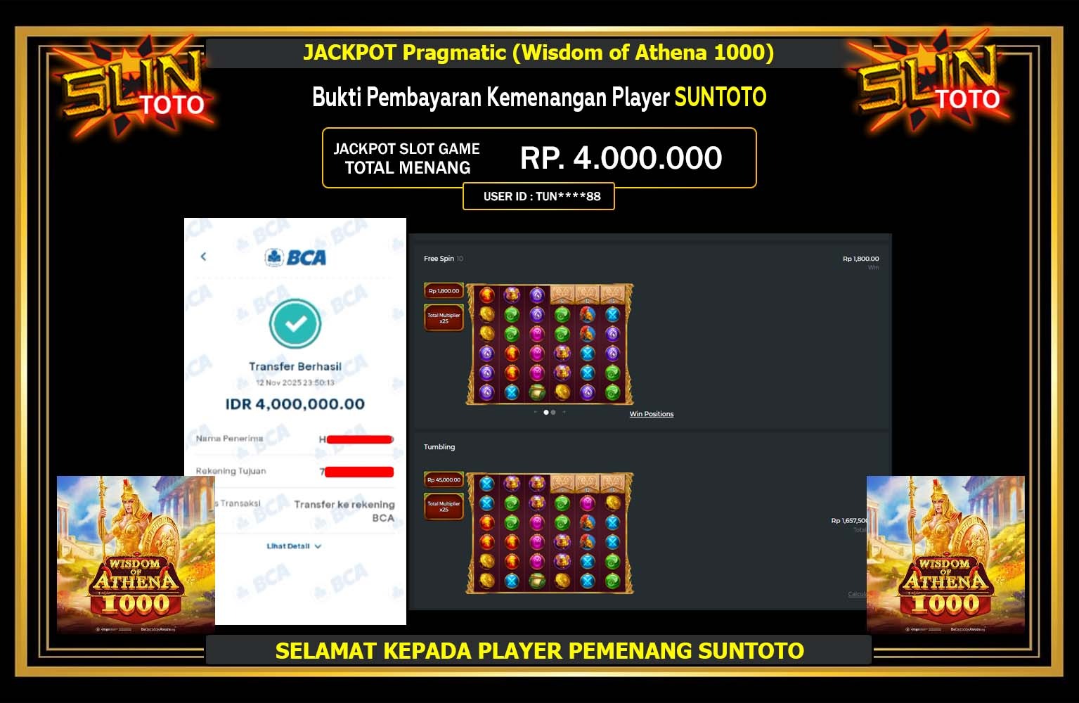 SUNTOTO JACKPOT Pragmatic (Wisdom of Athena 1000) Rp.4.000.000,- LUNAS