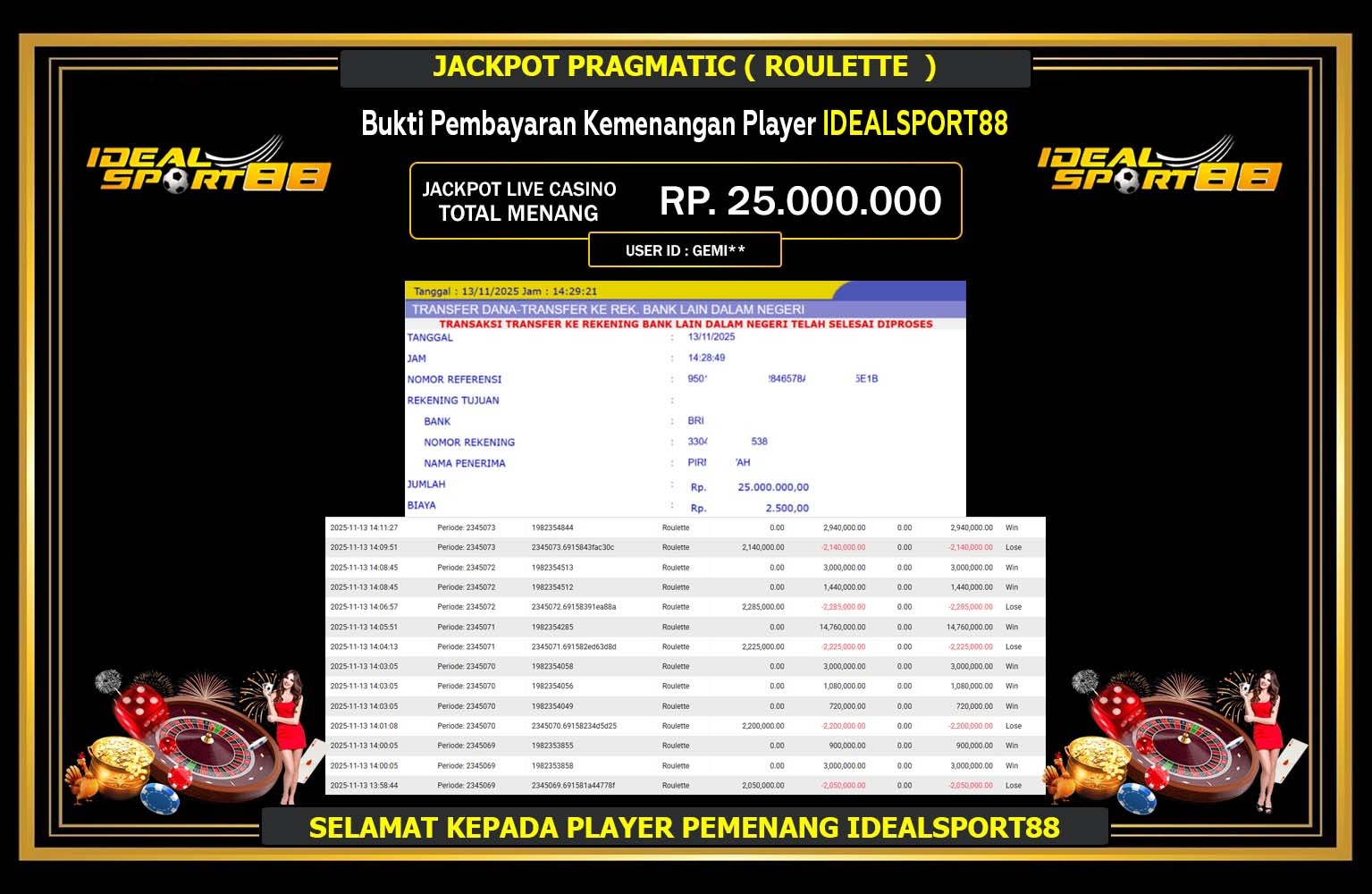 IDEALSPORT88 JACKPOT PRAGMATIC (ROULETTE) Rp.25.000.000,- LUNAS