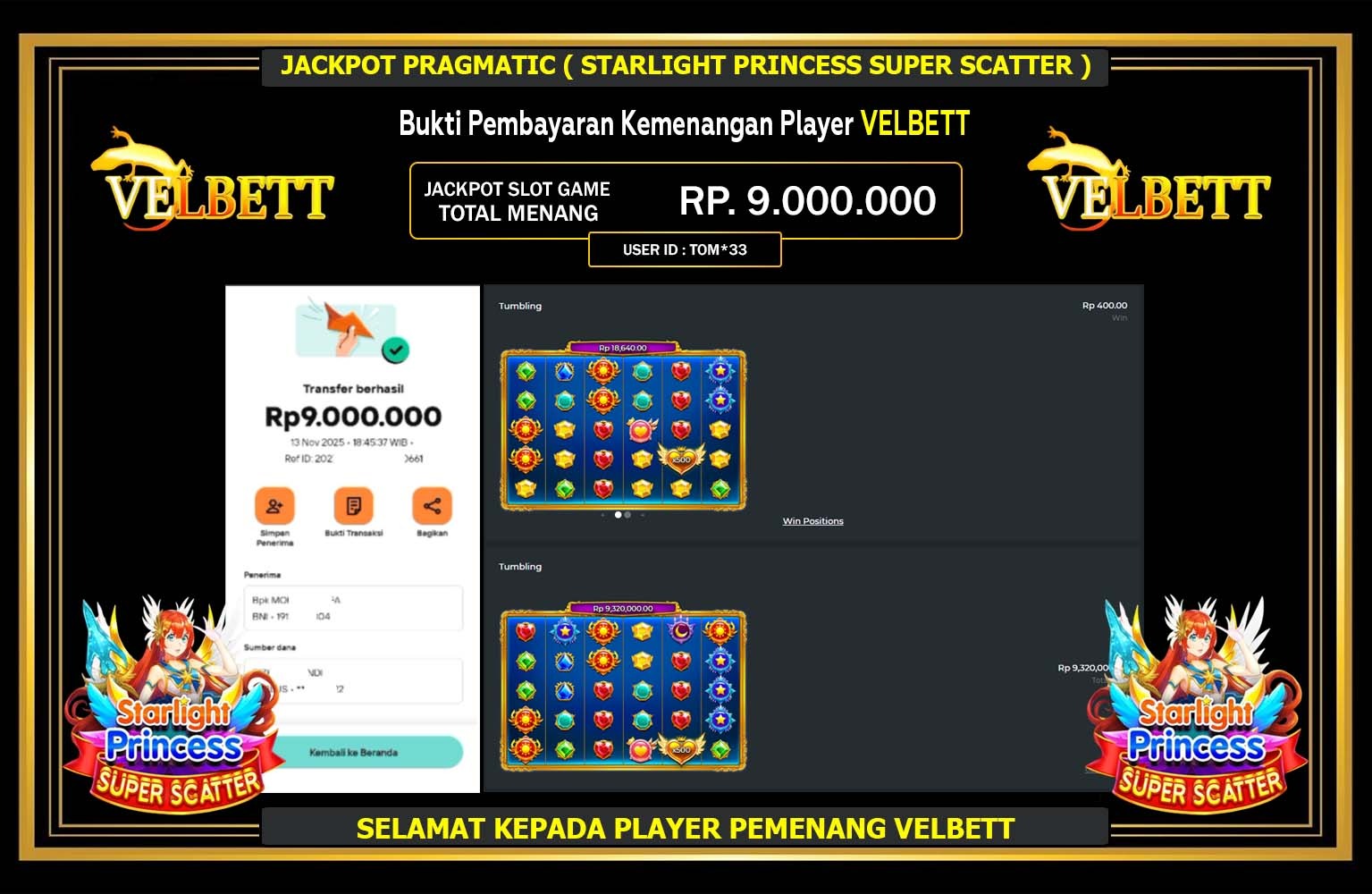 VELBETT JACKPOT PRAGMATIC (STARLIGHT PRINCESS SUPER SCATTER) Rp.9.000.000,- LUNAS